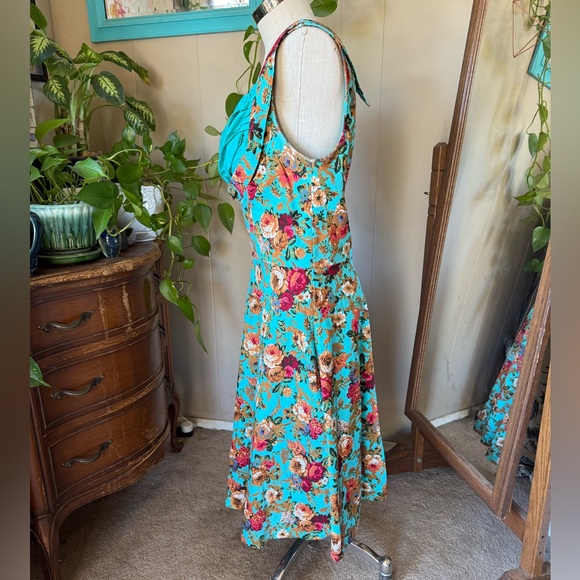 Lindy Bop Ophelia Vintage 50s Turquoise Floral Garden Party Picnic Dress, 4X (1X - Picture 5 of 13